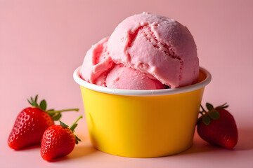 strawberry ice cream in a yellow paper cup There were fresh strawberries lying around. There are toppings on the ice cream. There is a pink  background
