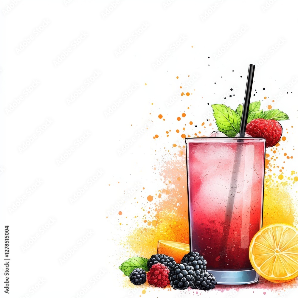 Poster a colorful drink with a straw in it is on a white background