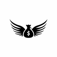 Financial Freedom Icon or logo, Money Bag with Wings Taking Flight Black Silhouette