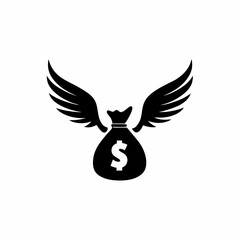 Financial Freedom Icon or logo, Money Bag with Wings Taking Flight Black Silhouette