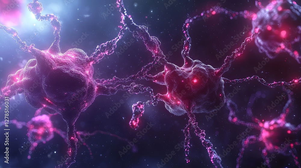 Poster neurons connected with glowing synapses in an abstract digital representation showcasing brain activ
