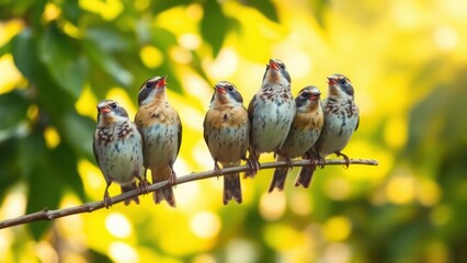 A group of little sparrows perched on a tree branch at dusk, natural green background and tree silhouettes, group of birds on tree, House sparrows in a group.