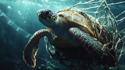 Fototapeta premium Entangled Turtle, Ocean Debris, Wreckage