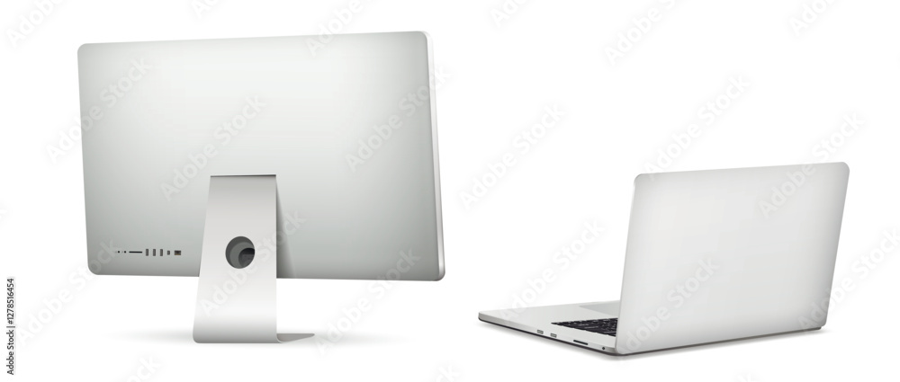 Aufkleber computer display with laptop rear view isolated on white background