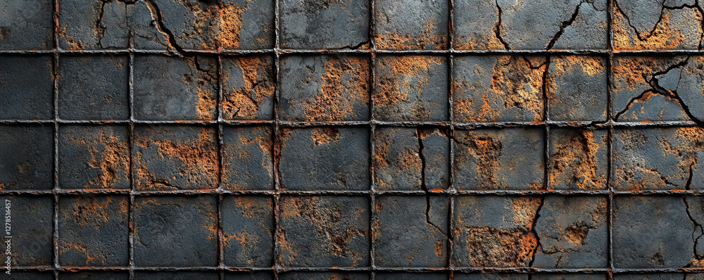 Poster rustic industrial texture of rusty metal grid on cracked concrete surface for design projects