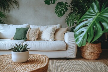 Cozy living room with white sofa, plants, and textured pillows.