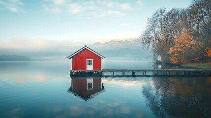 Misty Morning Lakeside Cabin Reflection