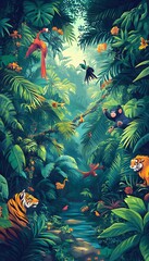 Cartoon jungle scene with animals and lush vegetation abounds