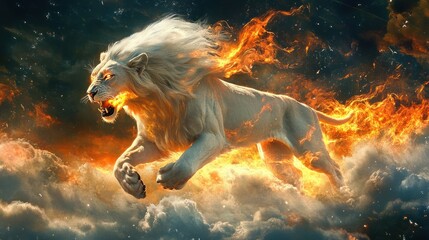 Fiery White Lion Leaping Through a Stormy Sky
