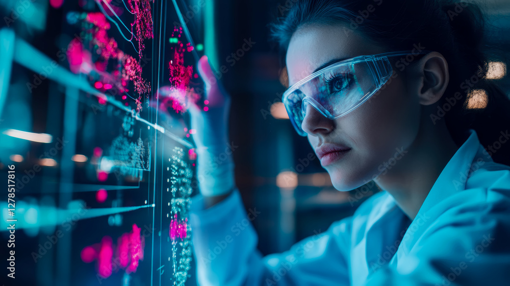 Poster futuristic scientist analyzing data on screen