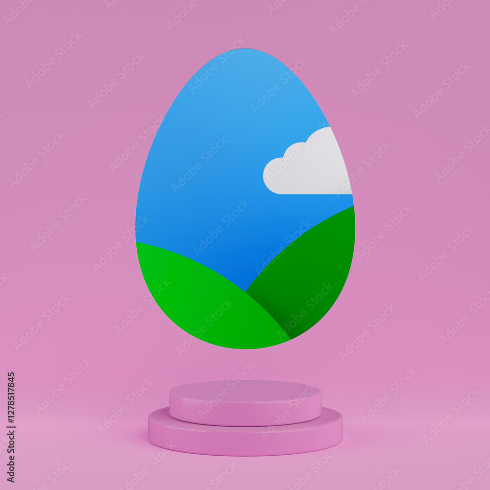 Fototapete Empty Product Stage with Backdrop in Shape of Easter Egg with Abstract Landscape. 3d Rendering