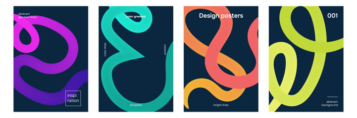 Posters with Squiggle Lines on black background. Gradient wave shapes. Vector illustation
