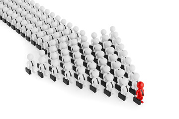 Row of Abstract Businessmans Character with Suitcases with Red Leader in front in Shape of Arrow. 3d Rendering