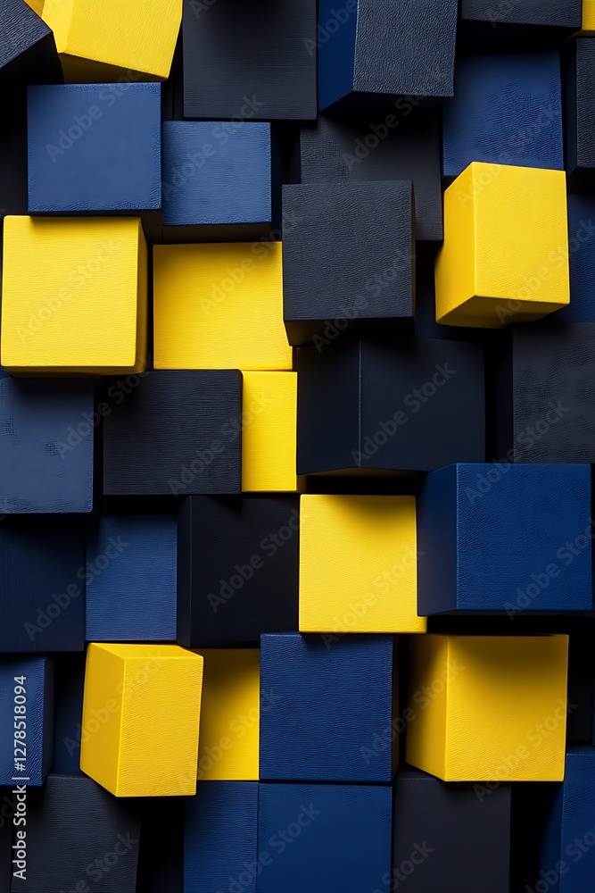 Poster abstract backdrop with multi-layered cubes in navy, yellow, and black creating a bold geometric back