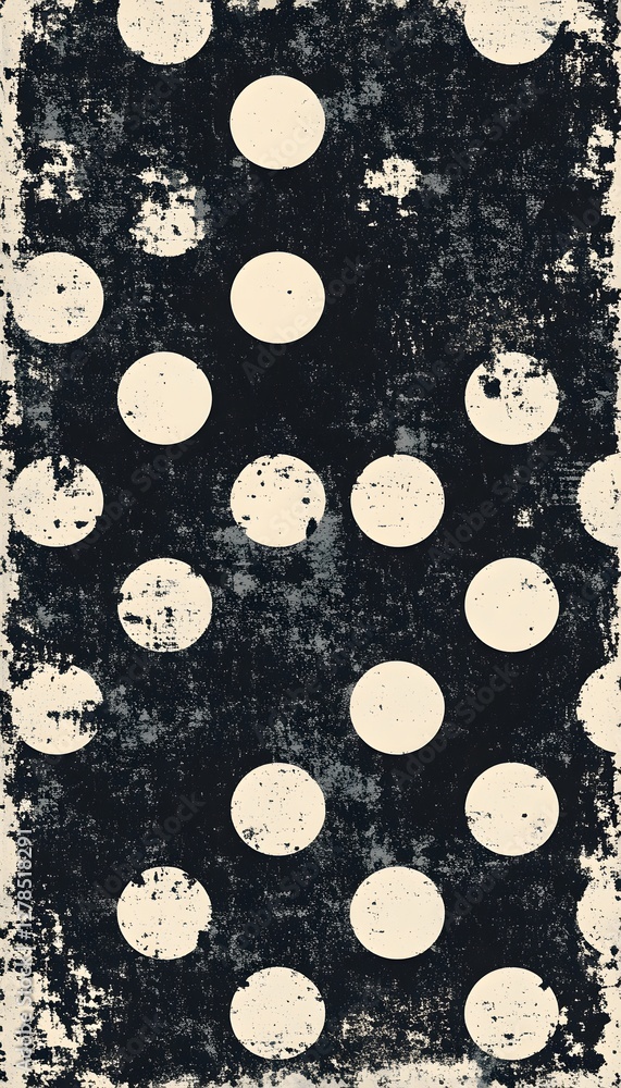 Poster distressed black background featuring an array of off white circles