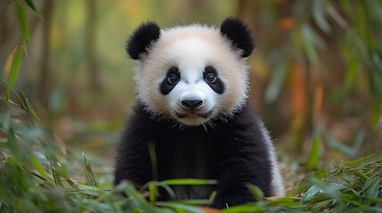 Fototapeta premium Playful Young Panda in Bamboo Forest