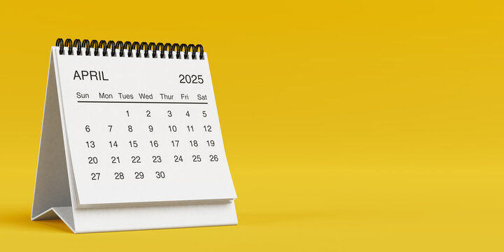 White Desk Monthly April 2025 Business Calendar. 3d Rendering