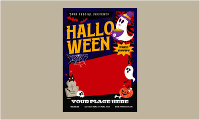 Halloween Flyer. Halloween costumes masquerade party flyer with witch hat silhouette and bats. Black and magenta design. Perfect for Halloween invitations, event promotion or party decorations.