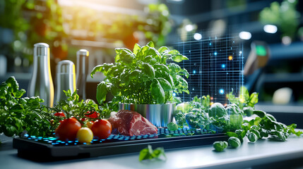 Modern Kitchen Still Life with Fresh Food and Digital Interface