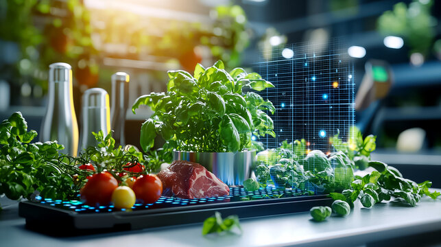 Modern Kitchen Still Life with Fresh Food and Digital Interface