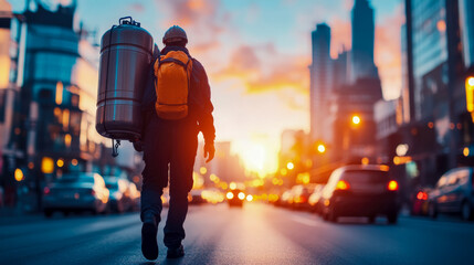 Futuristic City Courier: Sunset Delivery in an Advanced Urban Landscape