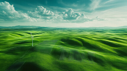 Obraz premium Renewable Energy Wind Farm with Wind Turbines on Lush Green Rolling Hills in a Sustainable Eco-Friendly Landscape