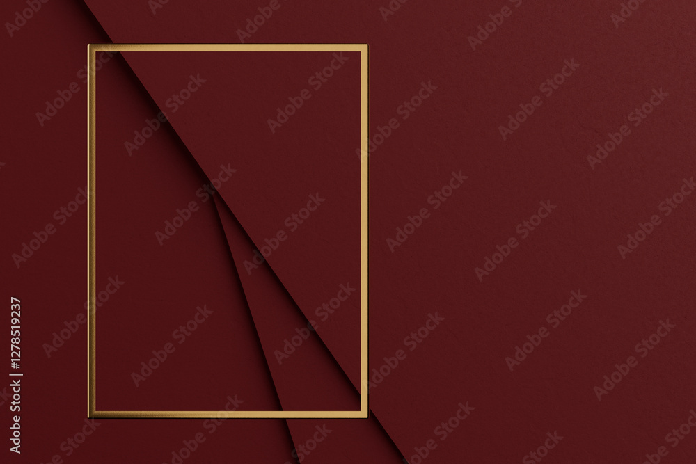 Leinwandbilder Stack of Red Paper or Fabric Texture Diagonal Abstract Presentation Background with Empty Golden Photo Frame for Banner or Your Design. 3d Rendering
