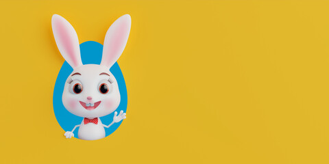 Paper Cut Easter Egg Shape Frame with Cartoon Banny. 3d Rendering