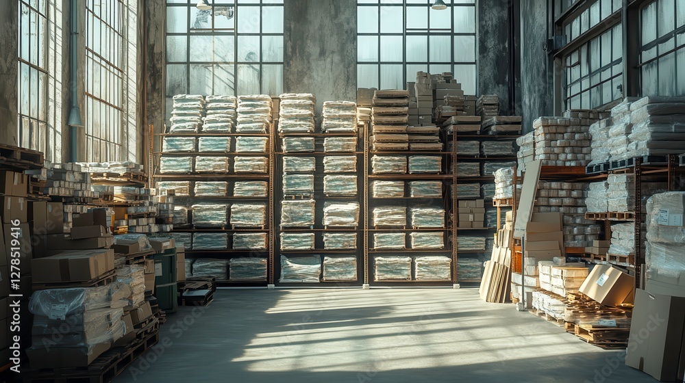 Poster a spacious warehouse filled with neatly stacked boxes and piles of materials, illuminated by light s