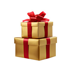 Obraz premium Three golden gift boxes with red ribbons, stacked on top of each other, isolated against a Transparent background,