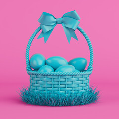 Blue Easter Basket for Easter Eggs with  Bow in  Grass Filled with Easter Eggs in Duotone Style. 3d Rendering