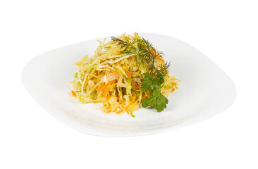 Close up of a colorful salad on a white plate against a white bg