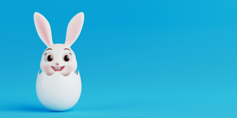 Cartoon Banny in Cracked White Easter Egg. 3d Rendering