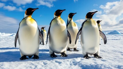 Fototapeta premium Emperor penguin colony in the icy wilderness, huddling together for warmth, extreme Antarctic weather, strong sense of survival