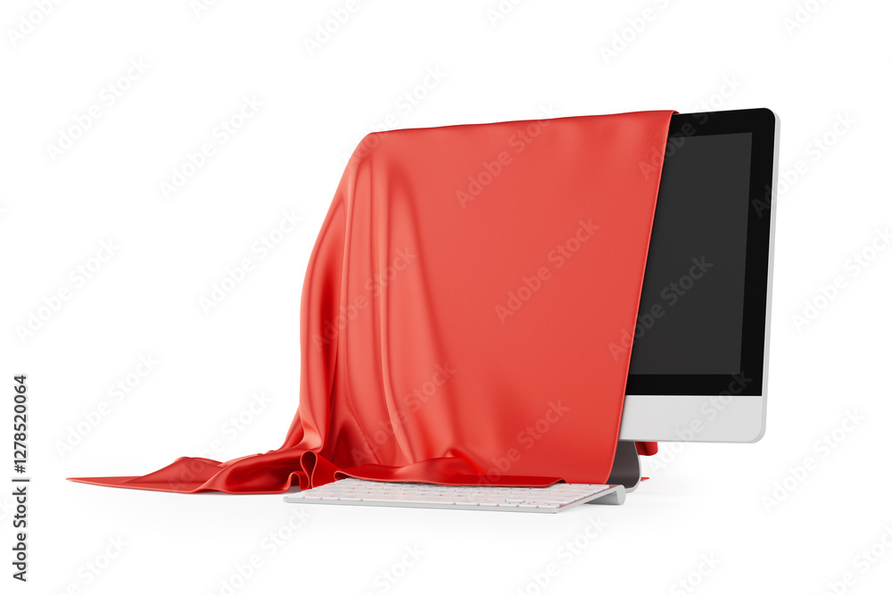 Poster desktop computer covered with red silk cloth, presentation of new desktop computer. 3d rendering