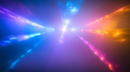 futuristic abstract composition with intersecting rgb light beams creating prismatic patterns through fog cyberpunk aesthetic