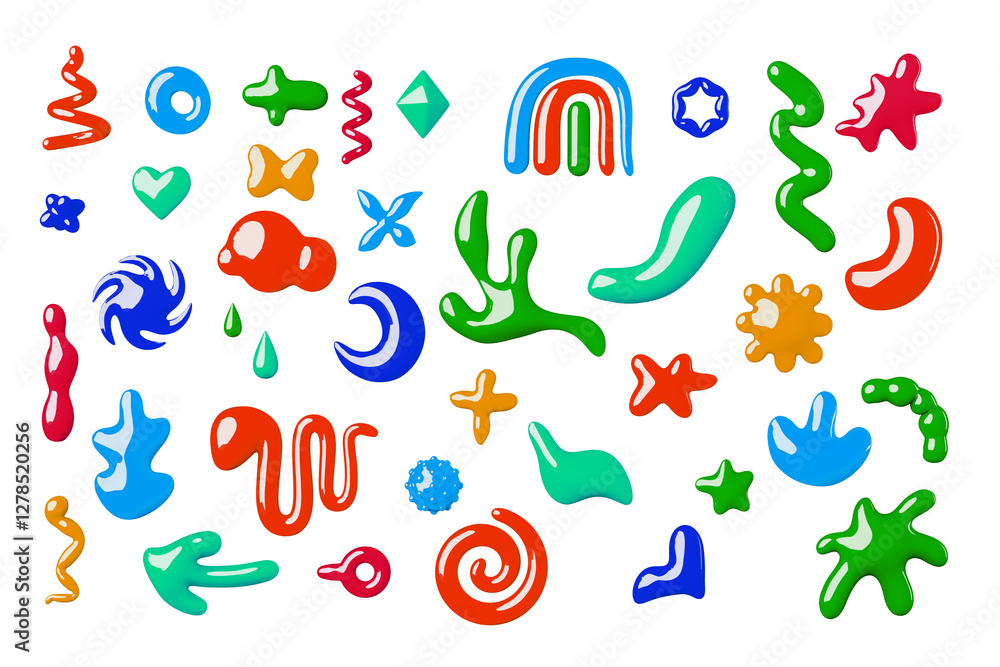Poster colorful bizarre organic abstract geometric shapes, figures, forms and graphic elements. 3d renderin