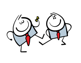 Serene businessman carries a wad of money and walks. A vector illustration of a stickman puts a bandwagon on a competitor in business. Naive man and a despicable act. Isolated funny characters.