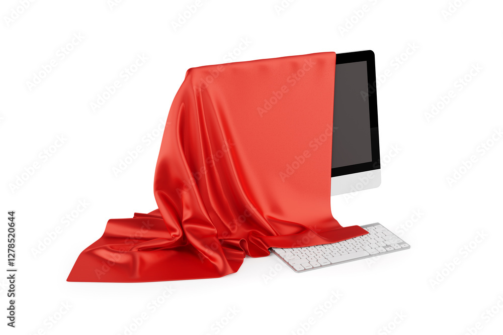 Poster desktop computer covered with red silk cloth, presentation of new desktop computer. 3d rendering
