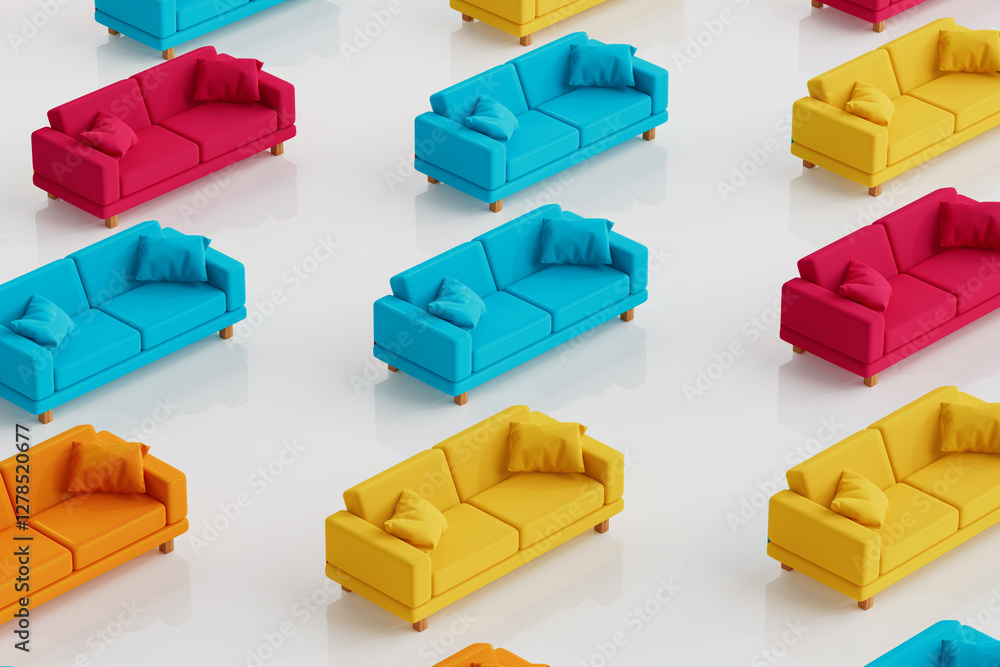 Poster row of colorful sofa background. 3d rendering