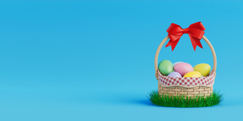 Easter Basket for Easter Eggs with Red Bow in Green Grass Filled with Colorful Painted Easter Eggs. 3d Rendering