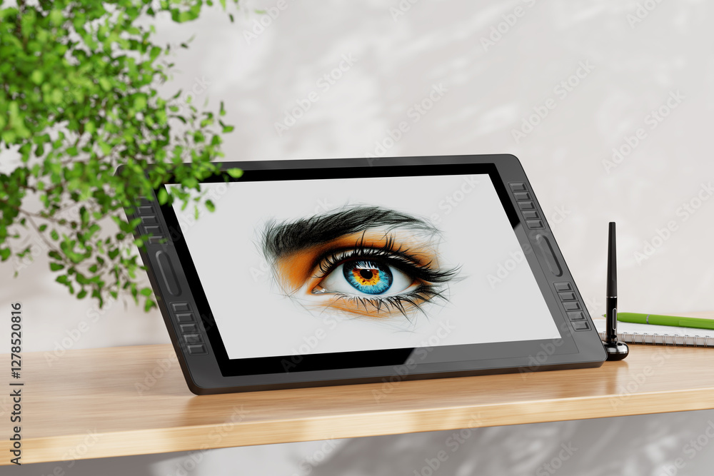 Poster big size of digital graphics drawing tablet monitor with pen and abstract drawing of eye on a wooden