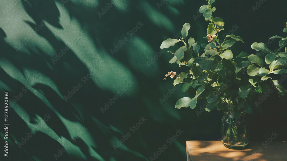 Poster serene greenery on dark texture: nature's shadows and shadows on chalkboard background