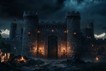 Fototapeta premium Majestic castle gates at night with torches ablaze. AI image