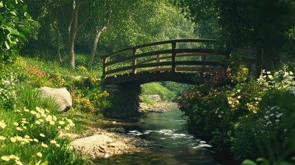 Wooden bridge over stream, garden, sunlight