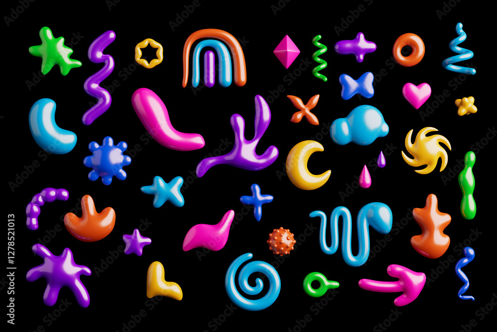 Poster colorful bizarre organic abstract geometric shapes, figures, forms and graphic elements. 3d renderin