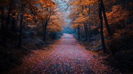Naklejka premium Autumnal path through a mystical forest with fallen leaves.