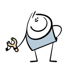 Impudent bully stands with slingshot and a black eye and admires the broken window. Vector illustration of a naughty child, a brawler and a lazy man. Isolated funny character on white background.