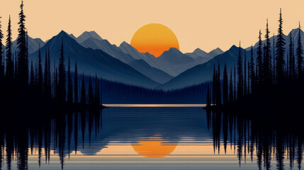 Obraz premium Peaceful mountain lake at sunset with reflections, for print, card, poster.