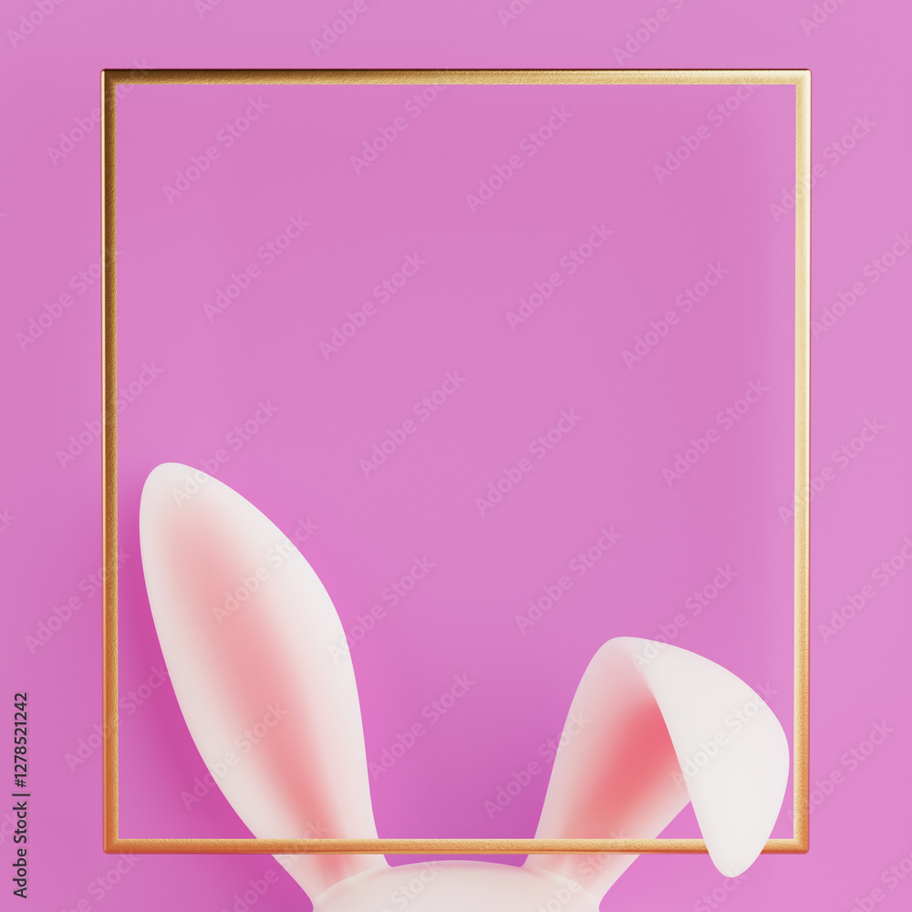 Poster Easter Rabbit Ears in Golden Frame with Free Space for Your Design. 3d Rendering